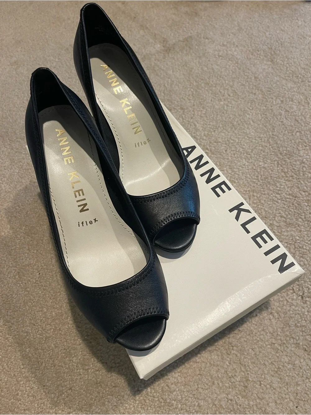 Anne Klein Black Peep Toe Leather Heels